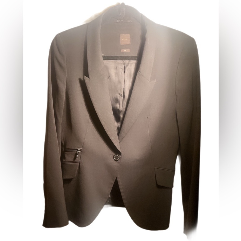 Seventy Black Blazer Notch Lapels pockets side zipper day 2 nite long sleeve 44 - Picture 2 of 6